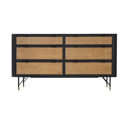 Armen Living Saratoga 6 Drawer Dresser in Black Acacia with Rattan LCSRDRBL